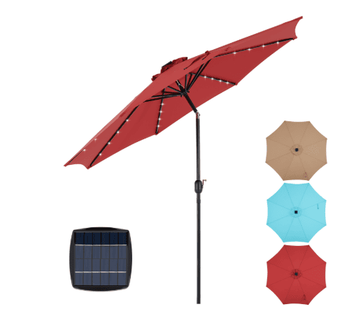 10ft solar led lighted patio umbrella w/ tilt adjustment Best Choice Products Polyester w/Tilt and UV-Resistant Fabric button tilt system lets you adjust the canopy for optimal sun 10ft Solar Polyester 32 LED