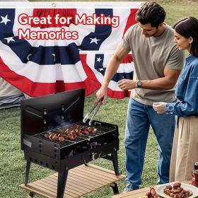 "Portable Folding Charcoal Grill - Windproof Toolbox Design with 3 Height Modes for Camping & Picnics" (Color: Black)